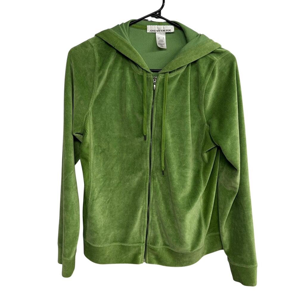 Y2K cozy lounge green velour zip hoodie drawstring sport luxe jacket S‎